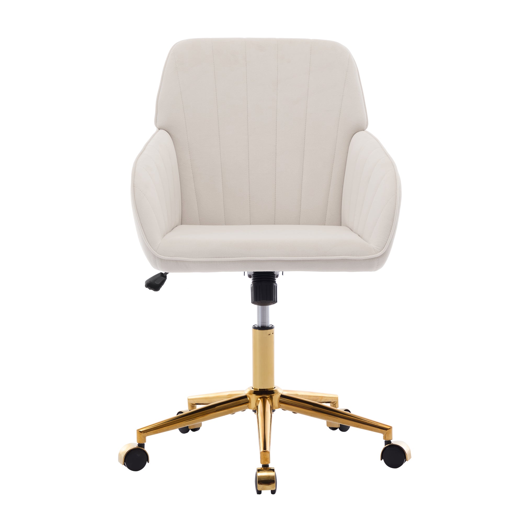 Beige velvet ergonomic office chair with padded armrests, adjustable height, swivel base, and gold metal legs with caster wheels for easy mobility.