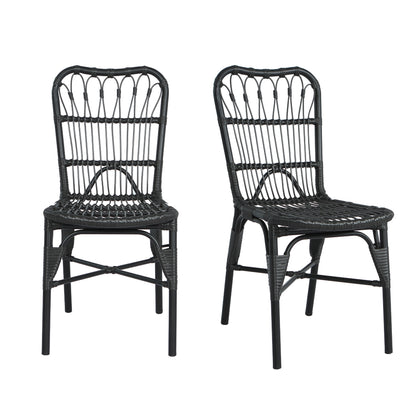 Outdoor PE Wicker Patio Dining Chairs Set of 2, Grey, Hand-Woven Rattan with Iron Frame