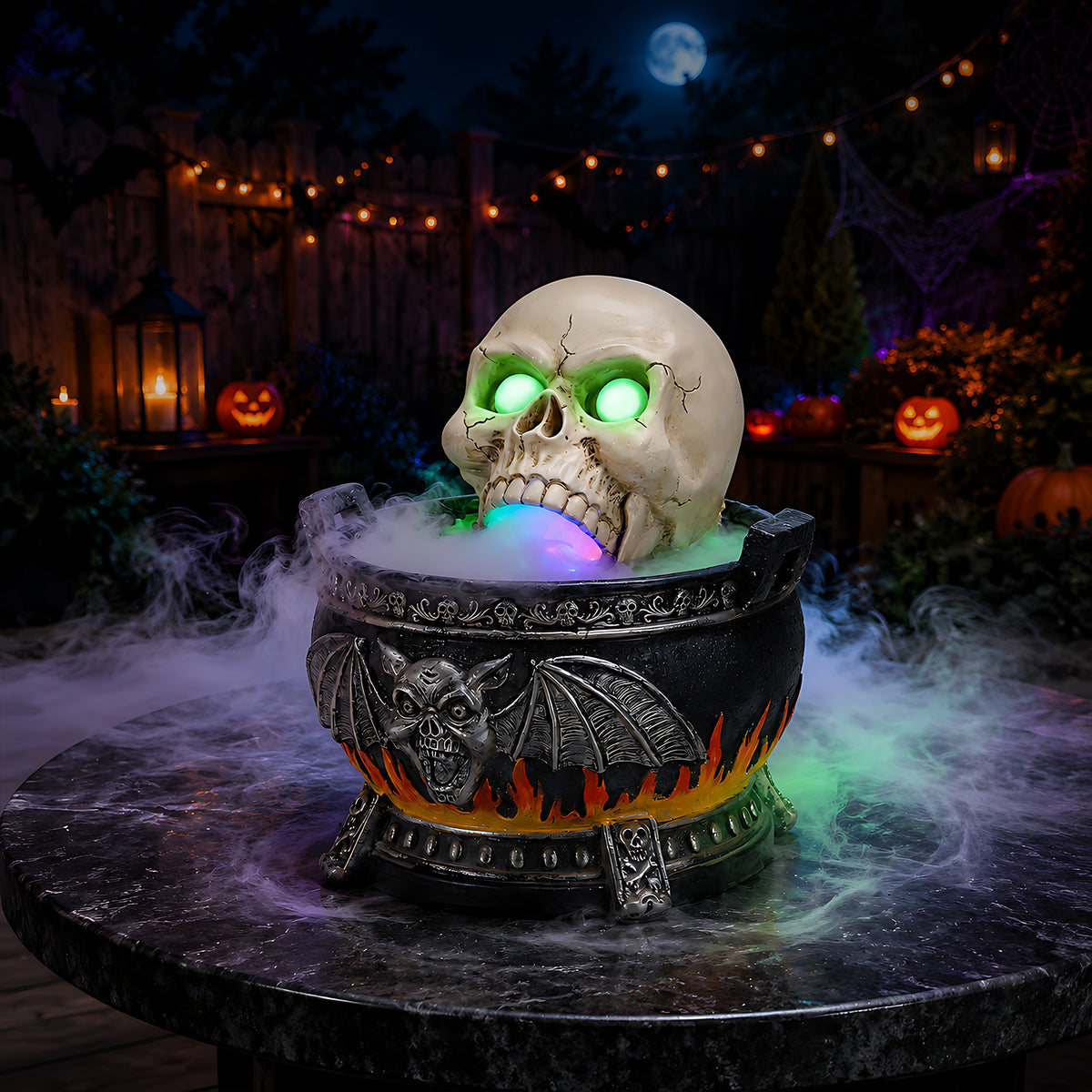 Halloween Skull Cauldron Statue with LED Light, Smoke Fog Effect Resin Decor