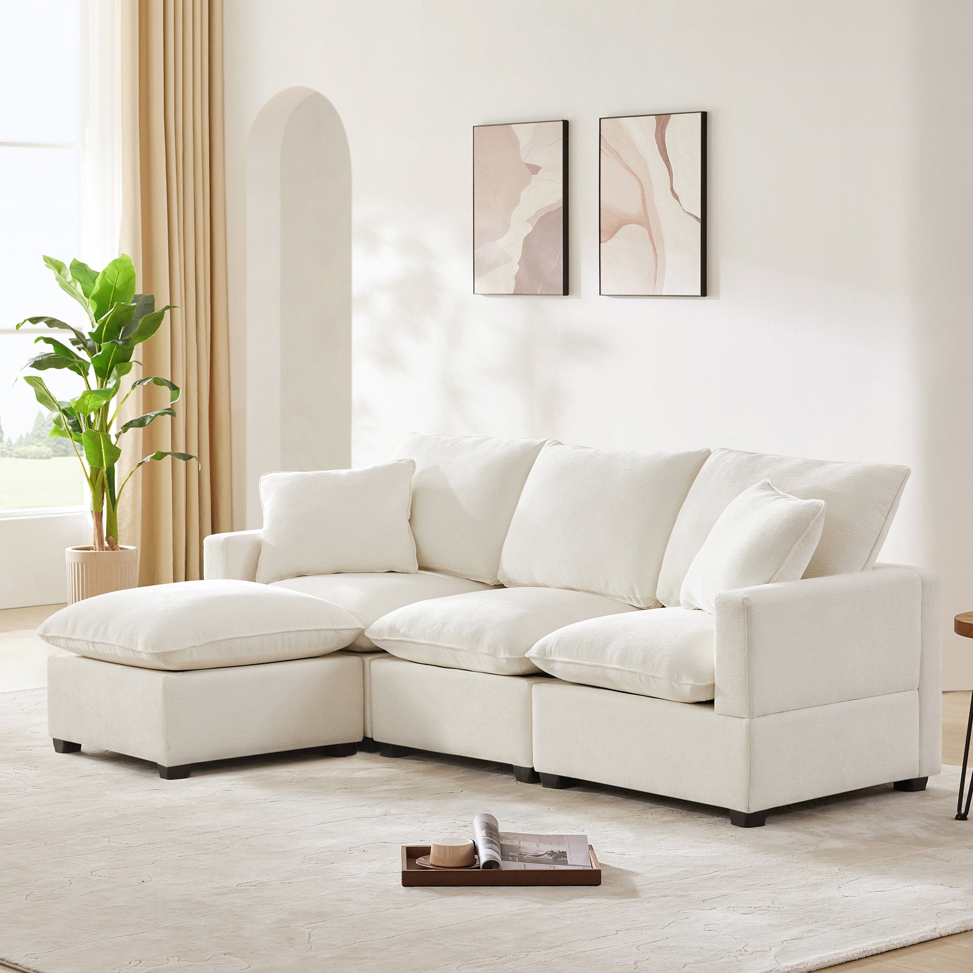 86*57' Modern Modular Sofa, 4 Seat Chenille Sectional Couch Set with 2 Pillows Included, Freely Combinable Indoor Funiture for Living Room, Apartment, Office, 2 Colors