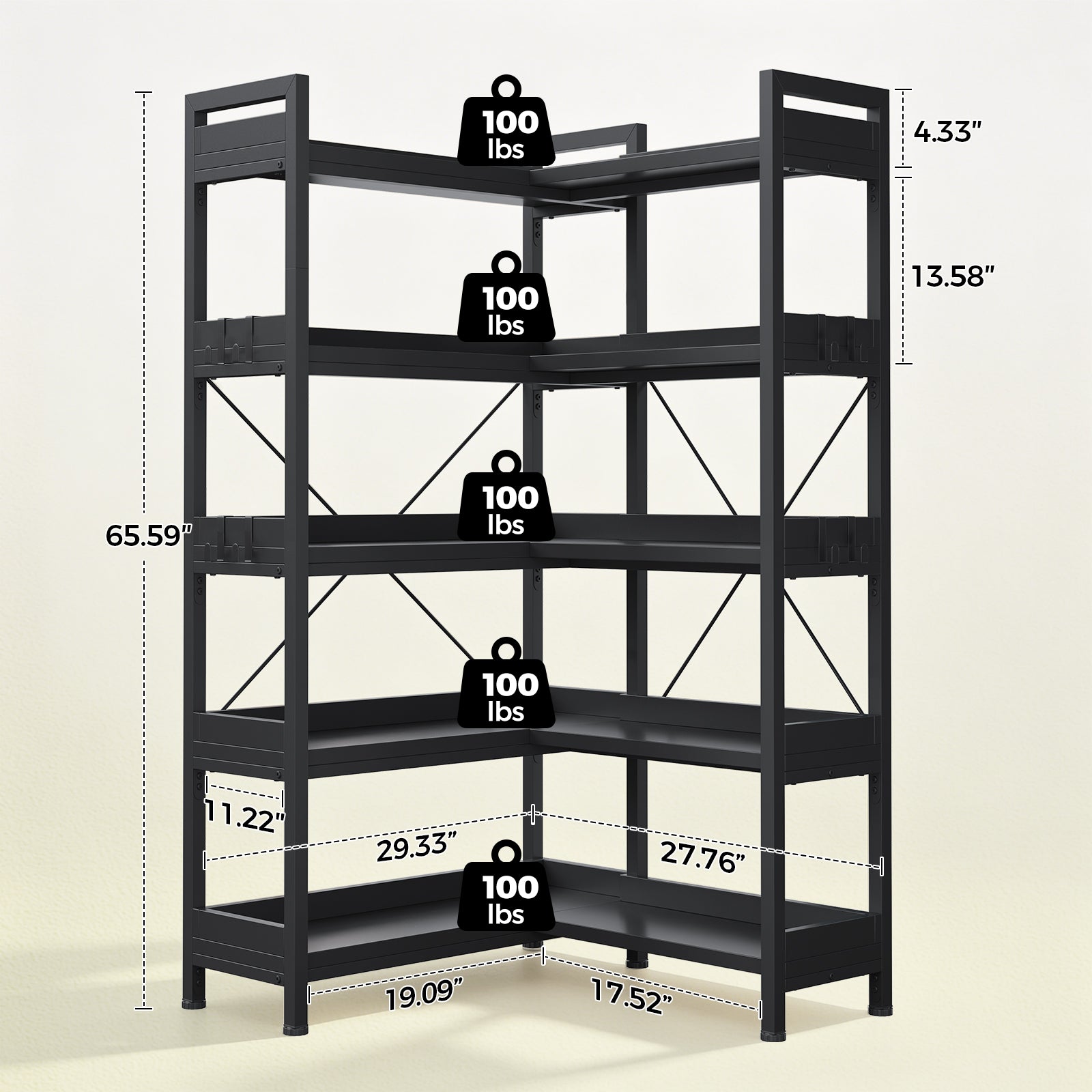 COMHOMA 5-Tier/6-Tier Corner Bookshelf, L-Shaped Metal Frame Shelf with Tall 14" Shelves HBOK1