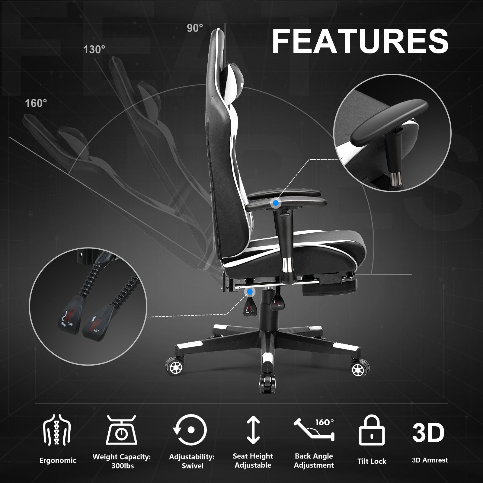 GTPLAYER Gaming Chair with Footrest, Swivel Rocker with Headrest and Lumbar Support GT002NAF