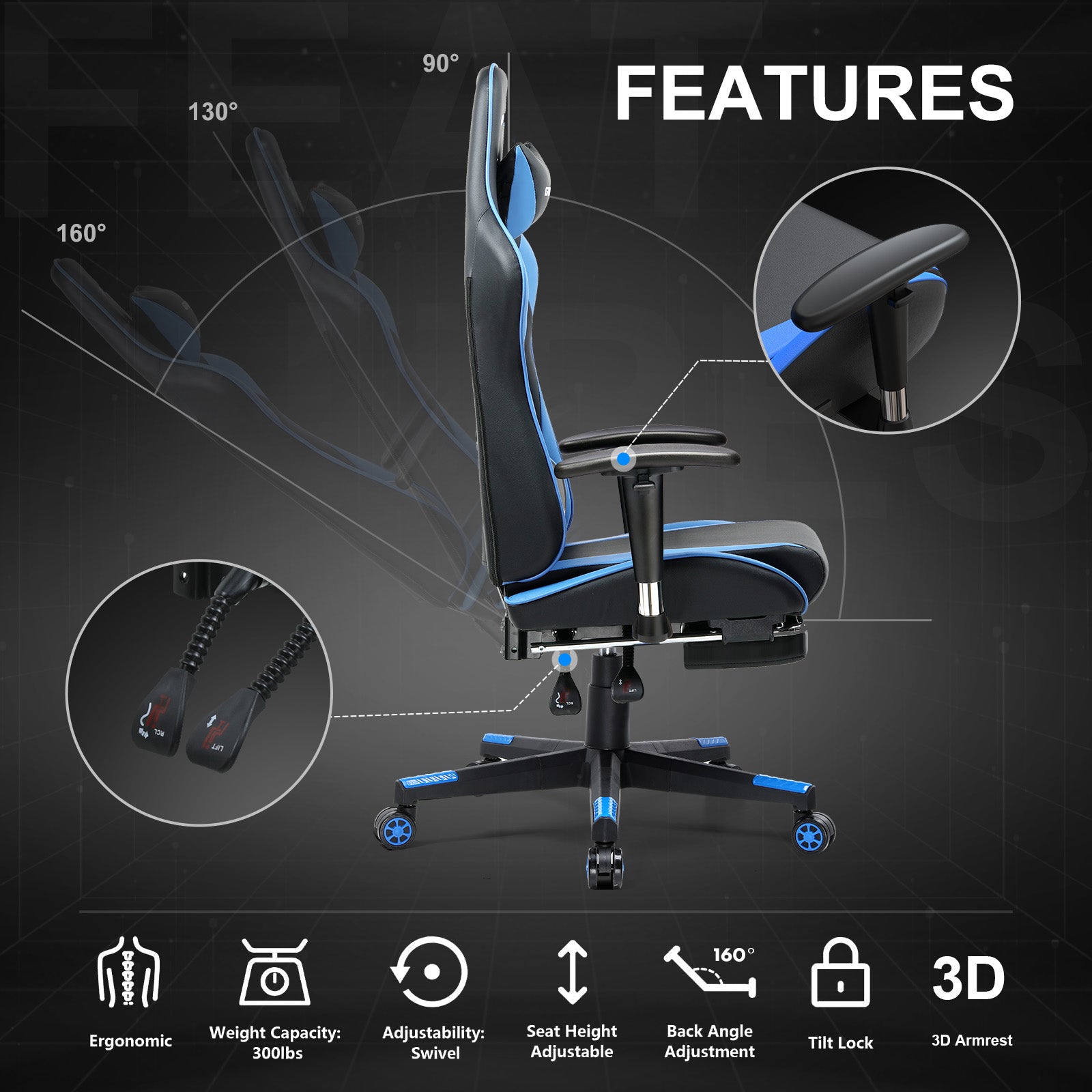 GTPLAYER Gaming Chair with Footrest, Swivel Rocker with Headrest and Lumbar Support GT002NAF