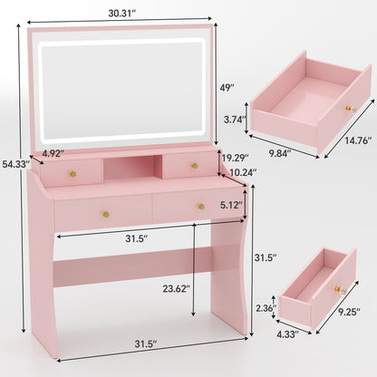 COMHOMA Makeup Vanity Table and Chair Set with 5 Drawers and Charging Station, Mirror and Lights Included