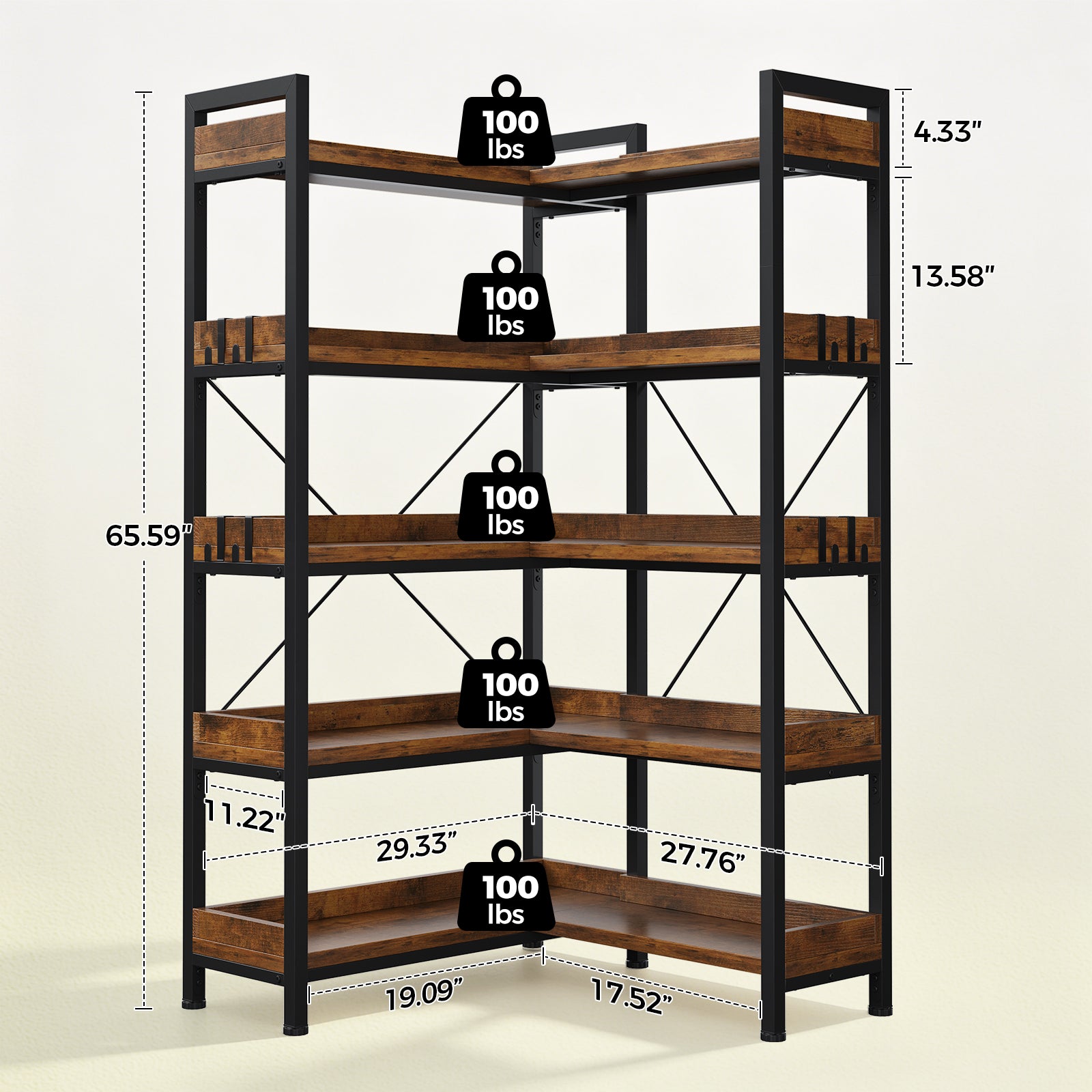COMHOMA 5-Tier/6-Tier Corner Bookshelf, L-Shaped Metal Frame Shelf with Tall 14" Shelves HBOK1