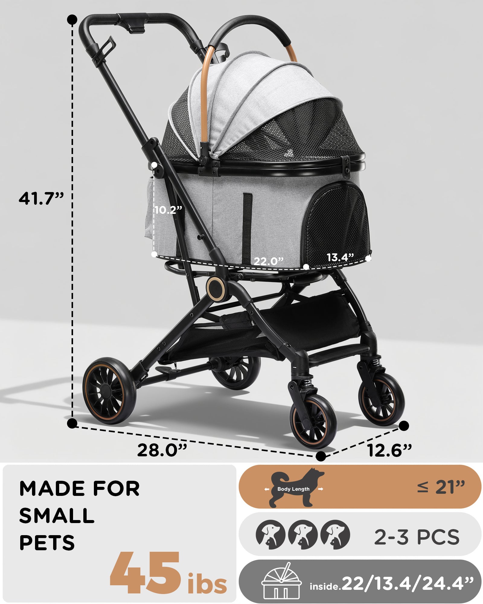 COMHOMA 3-in-1 Foldable Pet Stroller for Small Dogs & Cats Up to 45 lbs with Storage Basket and Cup Holder, PET-CART01