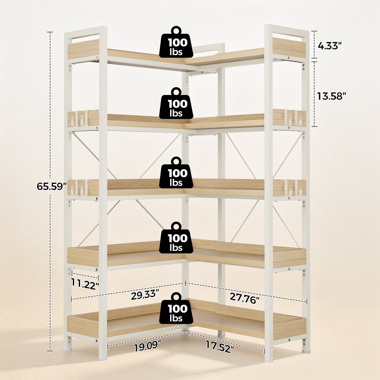 COMHOMA 5-Tier/6-Tier Corner Bookshelf, L-Shaped Metal Frame Shelf with Tall 14" Shelves HBOK1