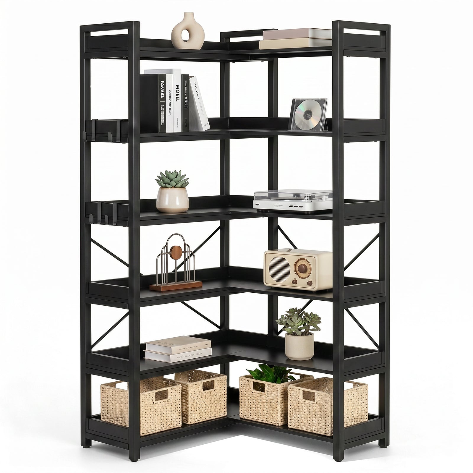 COMHOMA 5-Tier/6-Tier Corner Bookshelf, L-Shaped Metal Frame Shelf with Tall 14" Shelves HBOK1
