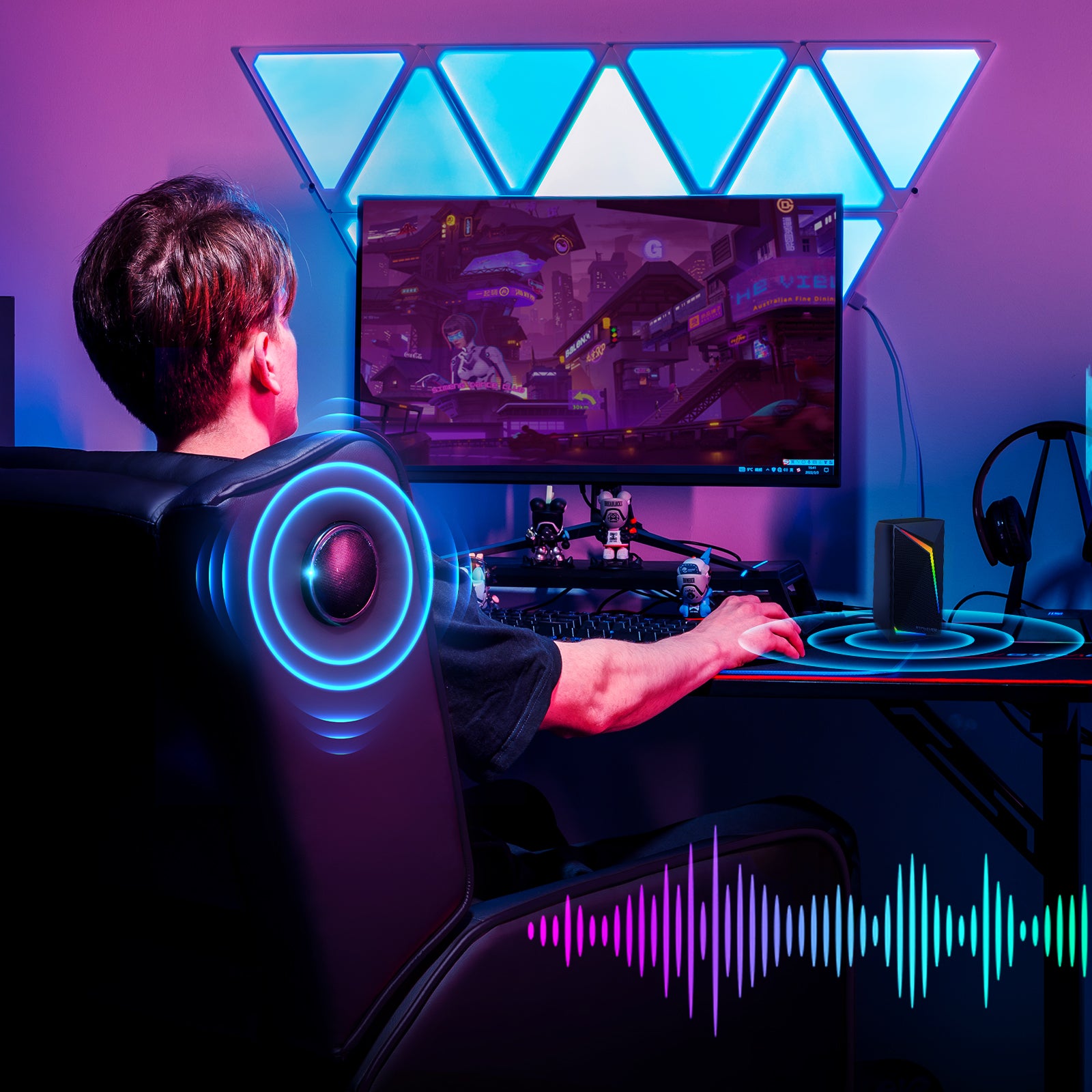 Person seated in an ergonomic gaming recliner chair with glowing speaker effects, using a computer in a colorful room with LED lights, showcasing office and game furniture.