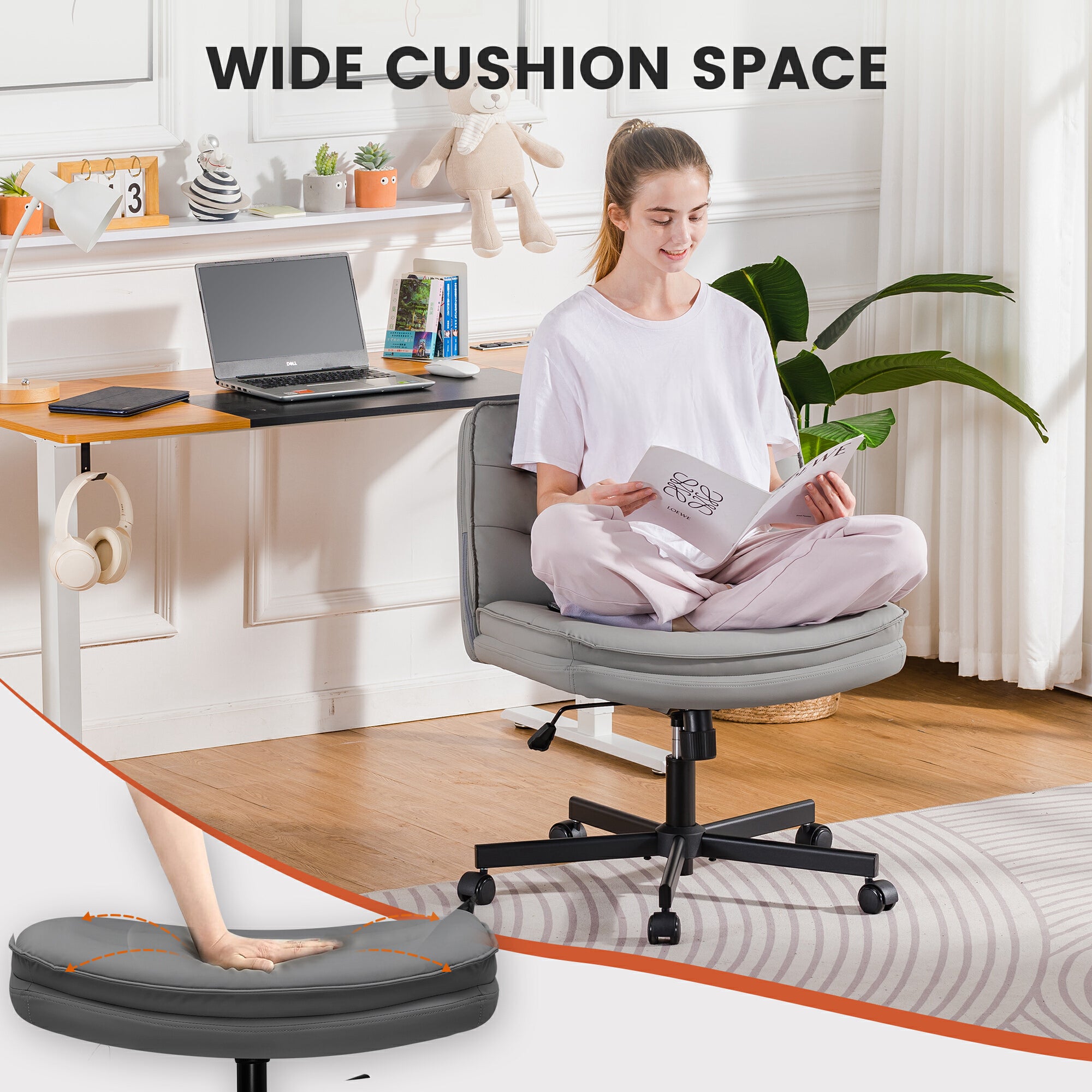 Wide cushion space ergonomic office chair in a bright home office setting with a laptop and plants, highlighting comfort and adjustable features.