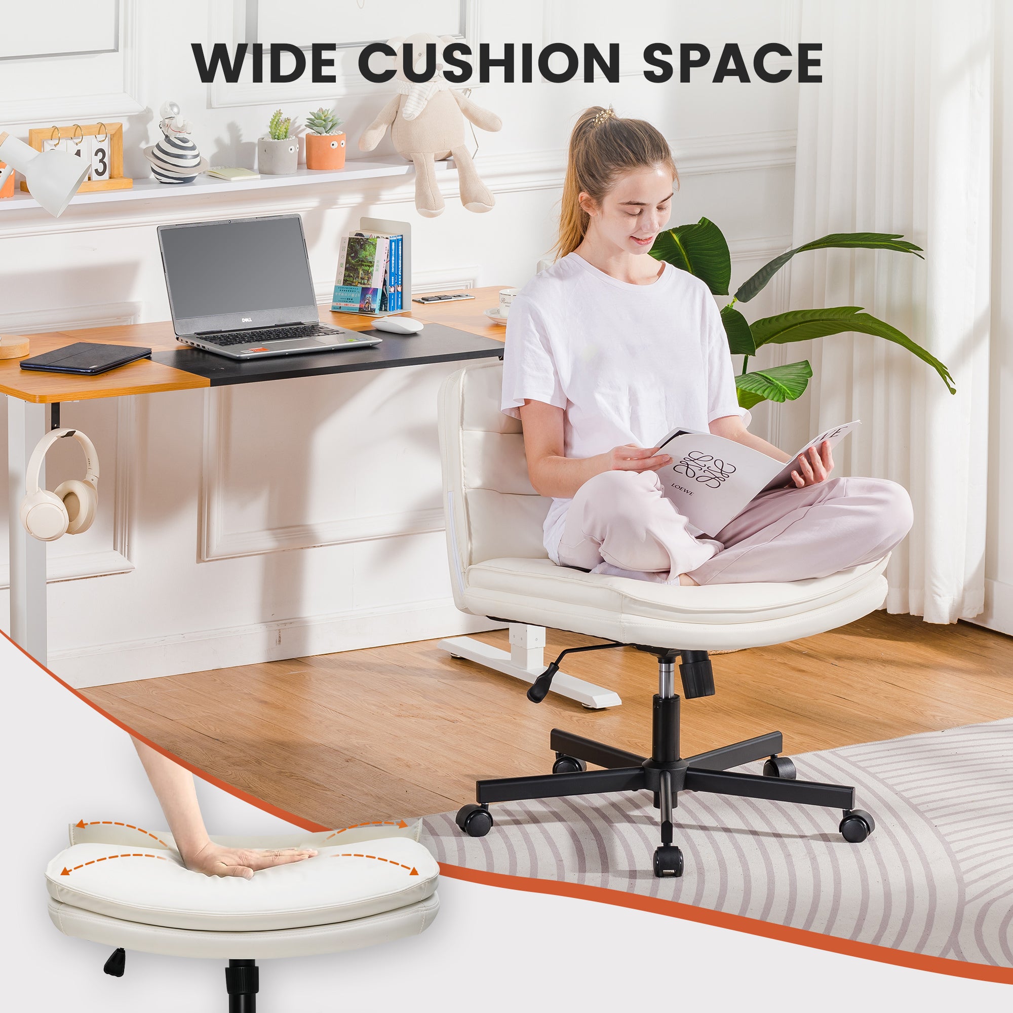 Young woman sitting cross-legged on a white ergonomic office chair with wide cushion space next to a desk with a laptop, in a bright home office setting.