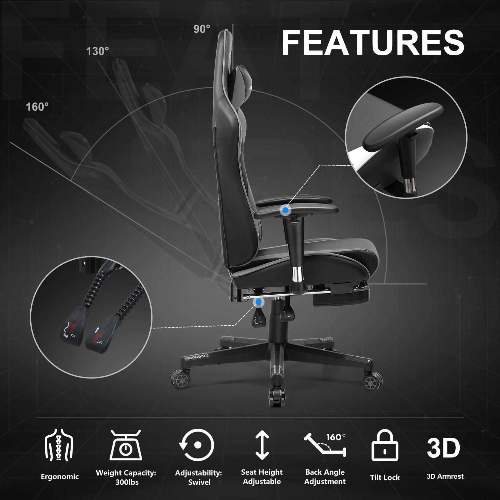 GTPLAYER Gaming Chair with Footrest, Swivel Rocker with Headrest and Lumbar Support GT002NAF