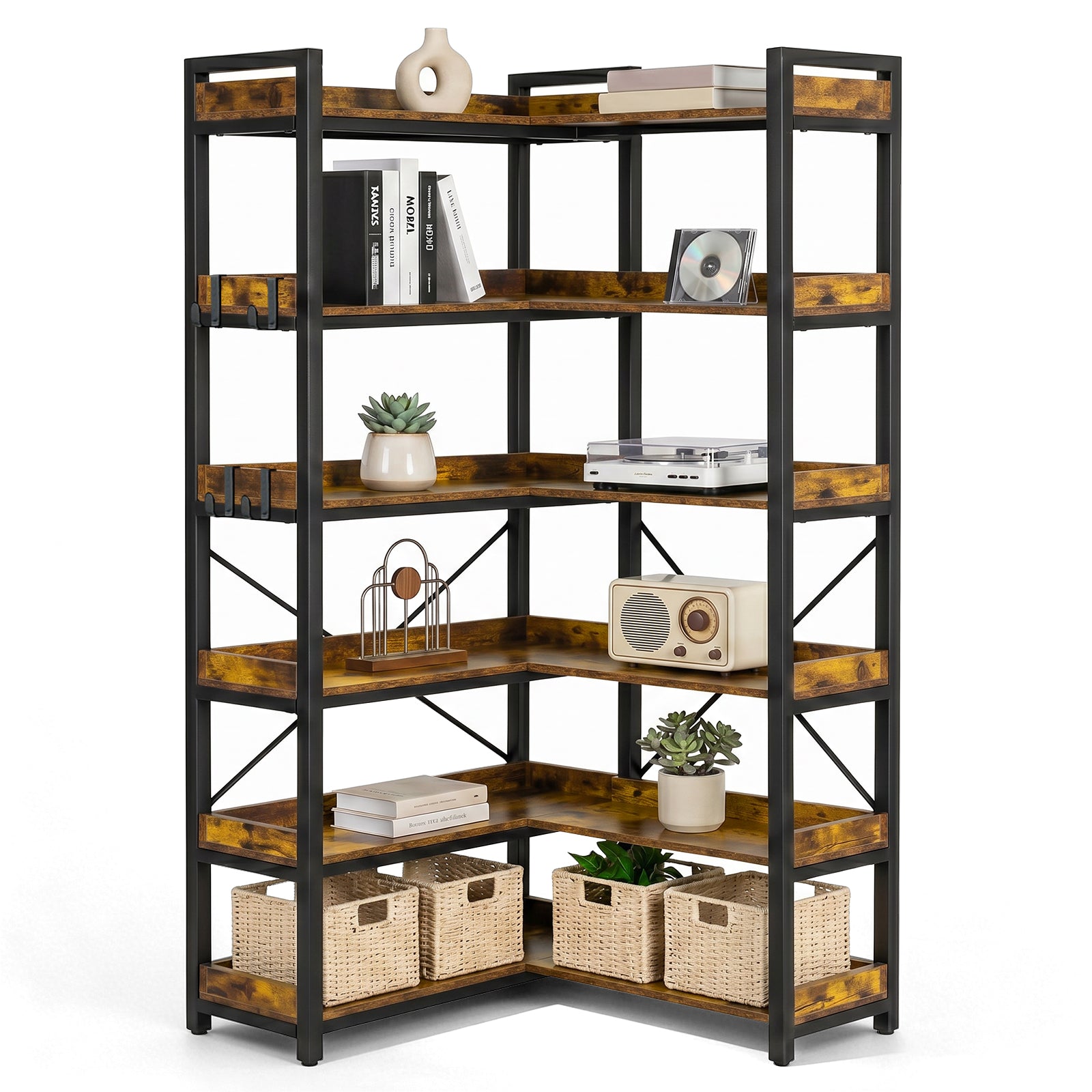 COMHOMA 5-Tier/6-Tier Corner Bookshelf, L-Shaped Metal Frame Shelf with Tall 14" Shelves HBOK1