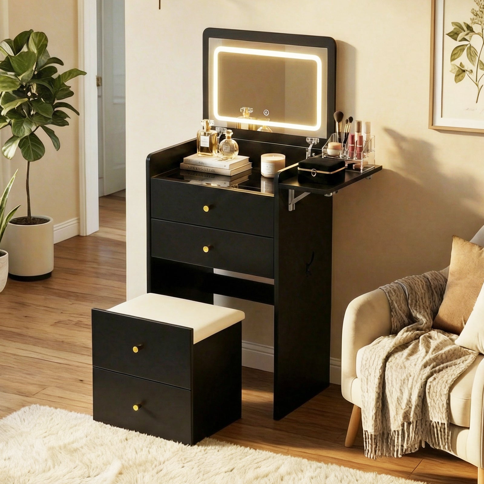LUCKLIFE Small Makeup Vanity Desk with Mirror and Lights, Small 3 in 1 Vanity Table with Visible Glass Top, Flip Top & 3 Drawers B500