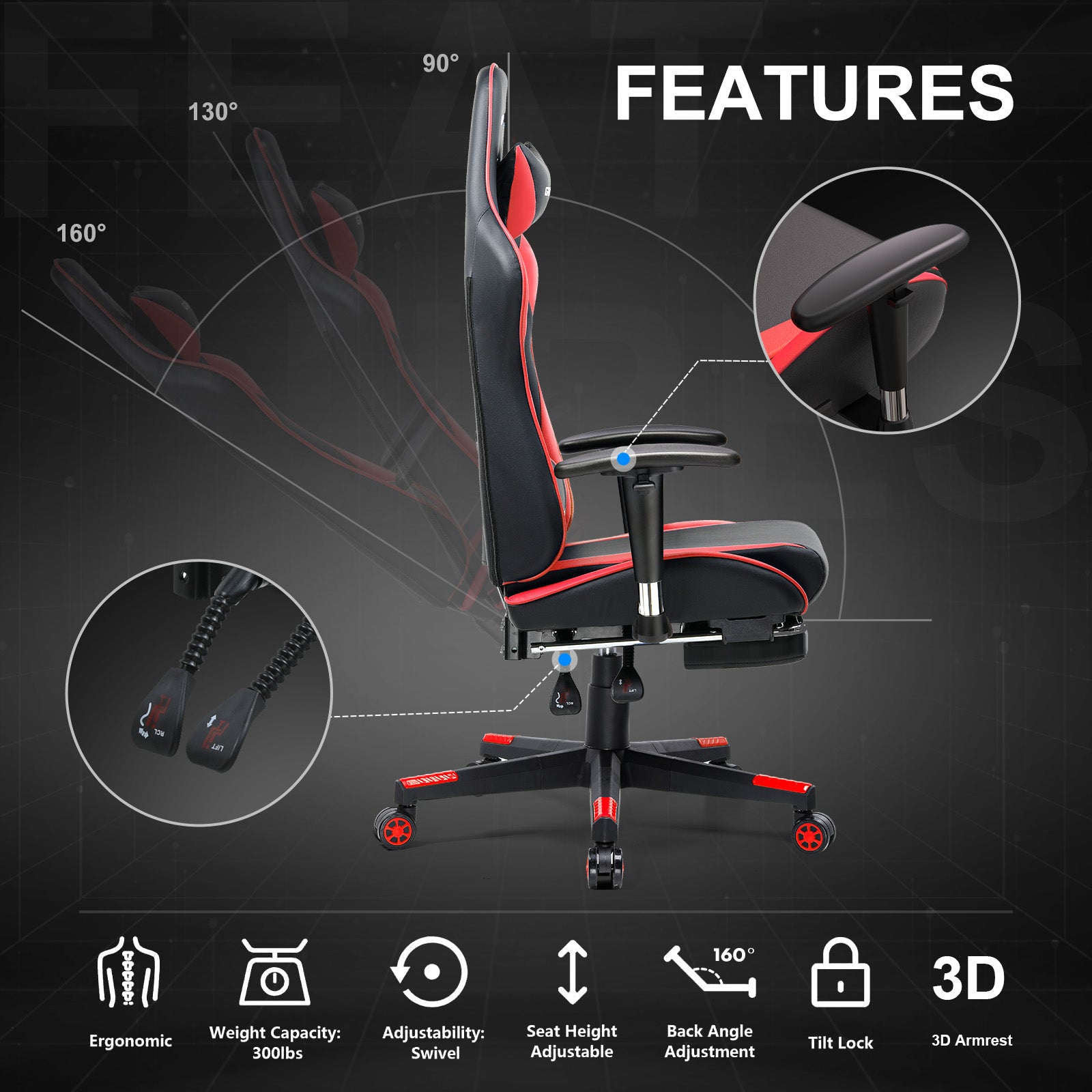 GTPLAYER Gaming Chair with Footrest, Swivel Rocker with Headrest and Lumbar Support GT002NAF