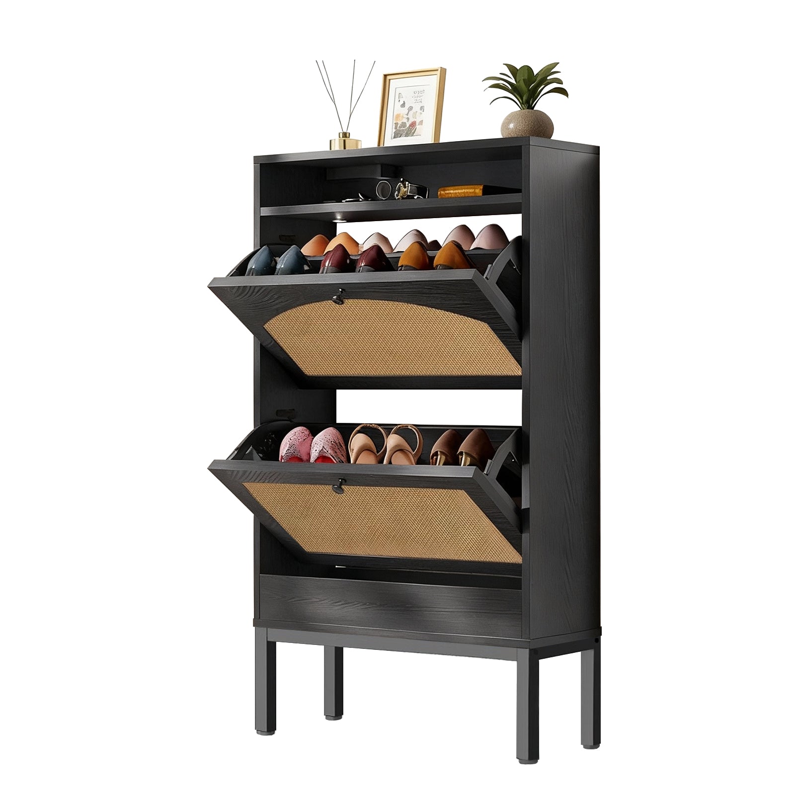 Shoe Storage Cabinet with 2 Flip Drawers & Charging Station