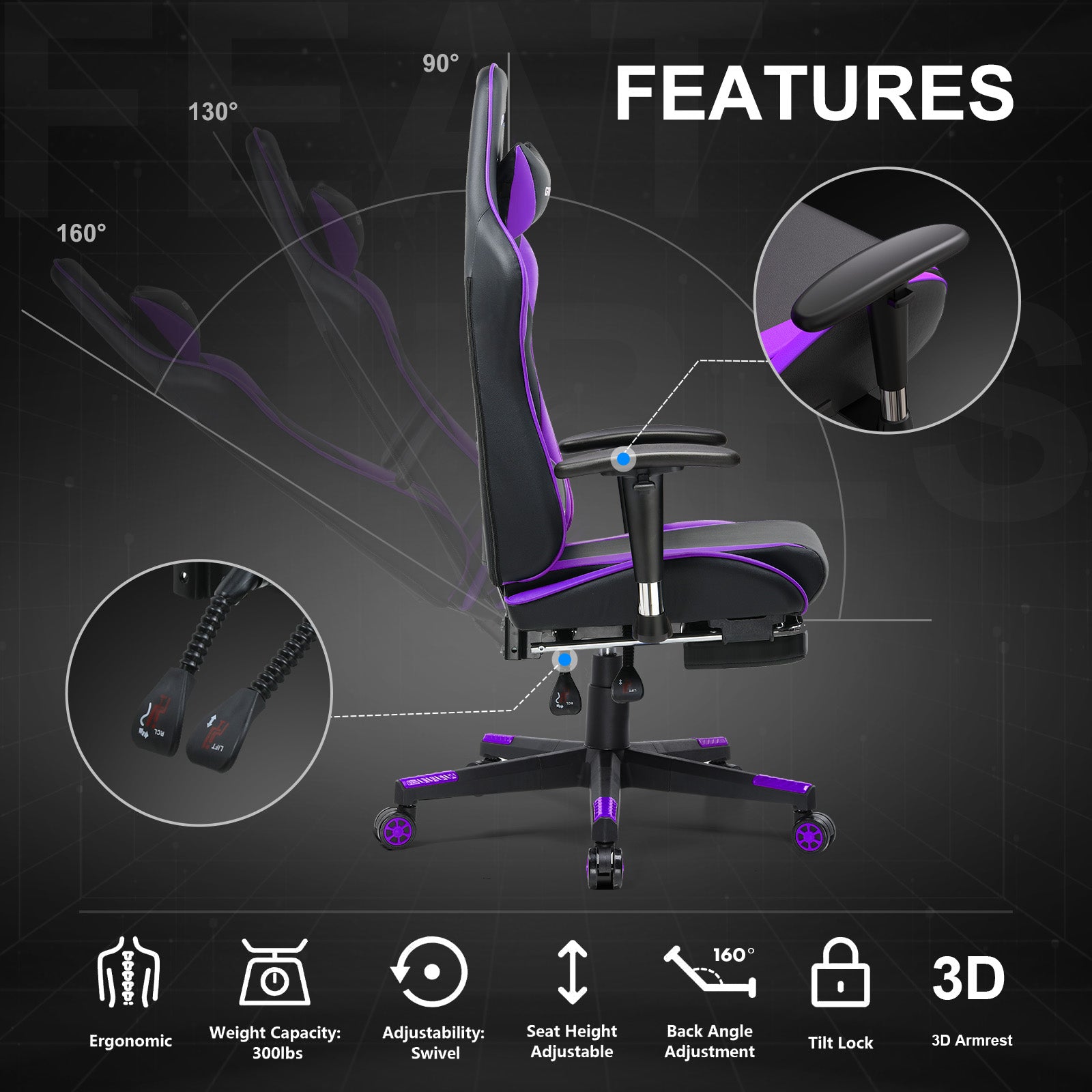 GTPLAYER Gaming Chair with Footrest, Swivel Rocker with Headrest and Lumbar Support GT002NAF