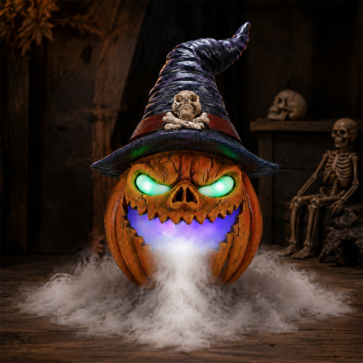 Halloween Jack-O'-Lantern Pumpkin Mist Maker Ornament, LED Light Up Fogger Figurine for Halloween