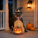Halloween German Shepherd Dog Statue, Large Sitting Dog Figurine with Witch Hat & Cape, LED Light Up Jack-O-Lantern Pumpkin