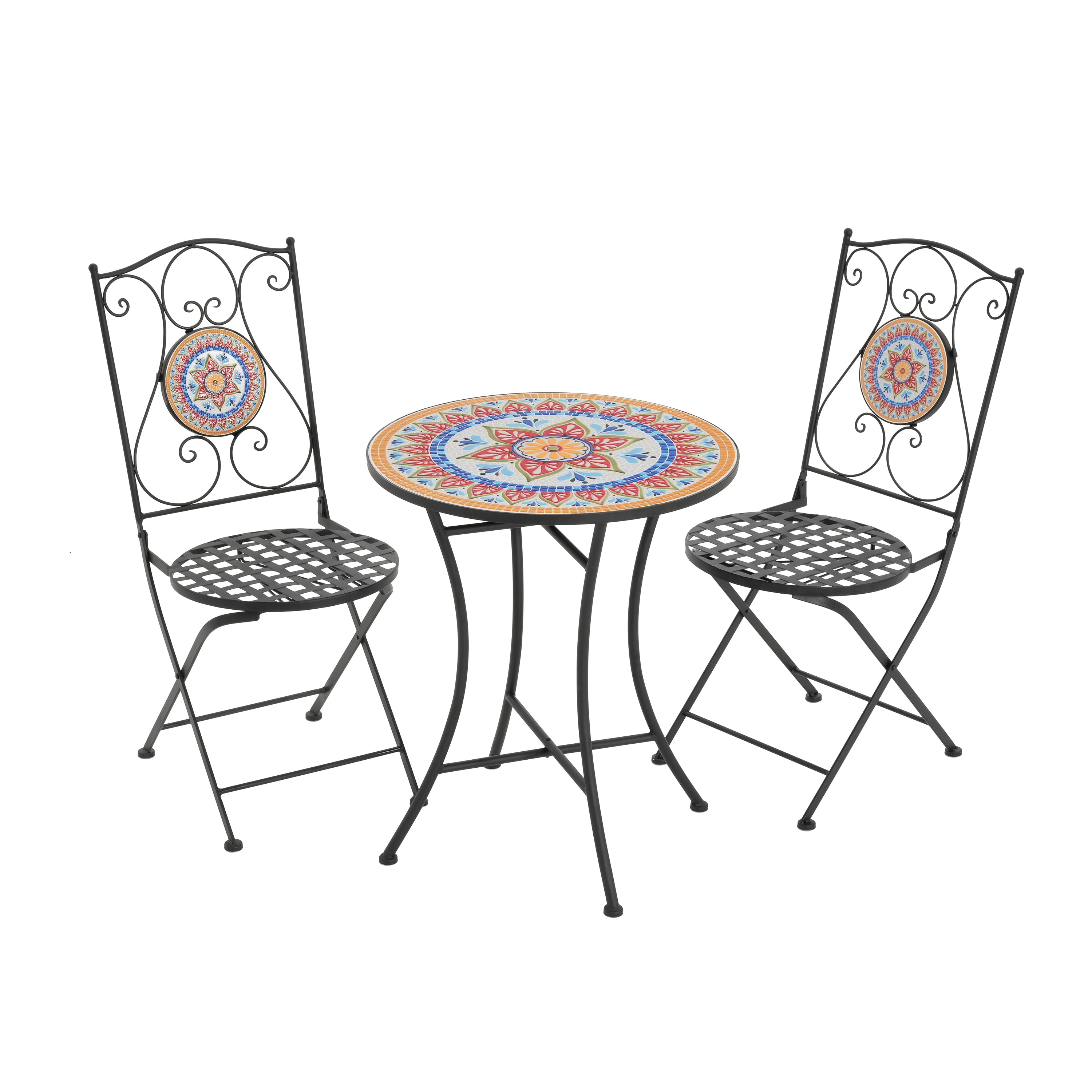 Lambert Outdoor Chat Set with Ceramic Tile Inlay and Ornate Iron Design in Black and Red