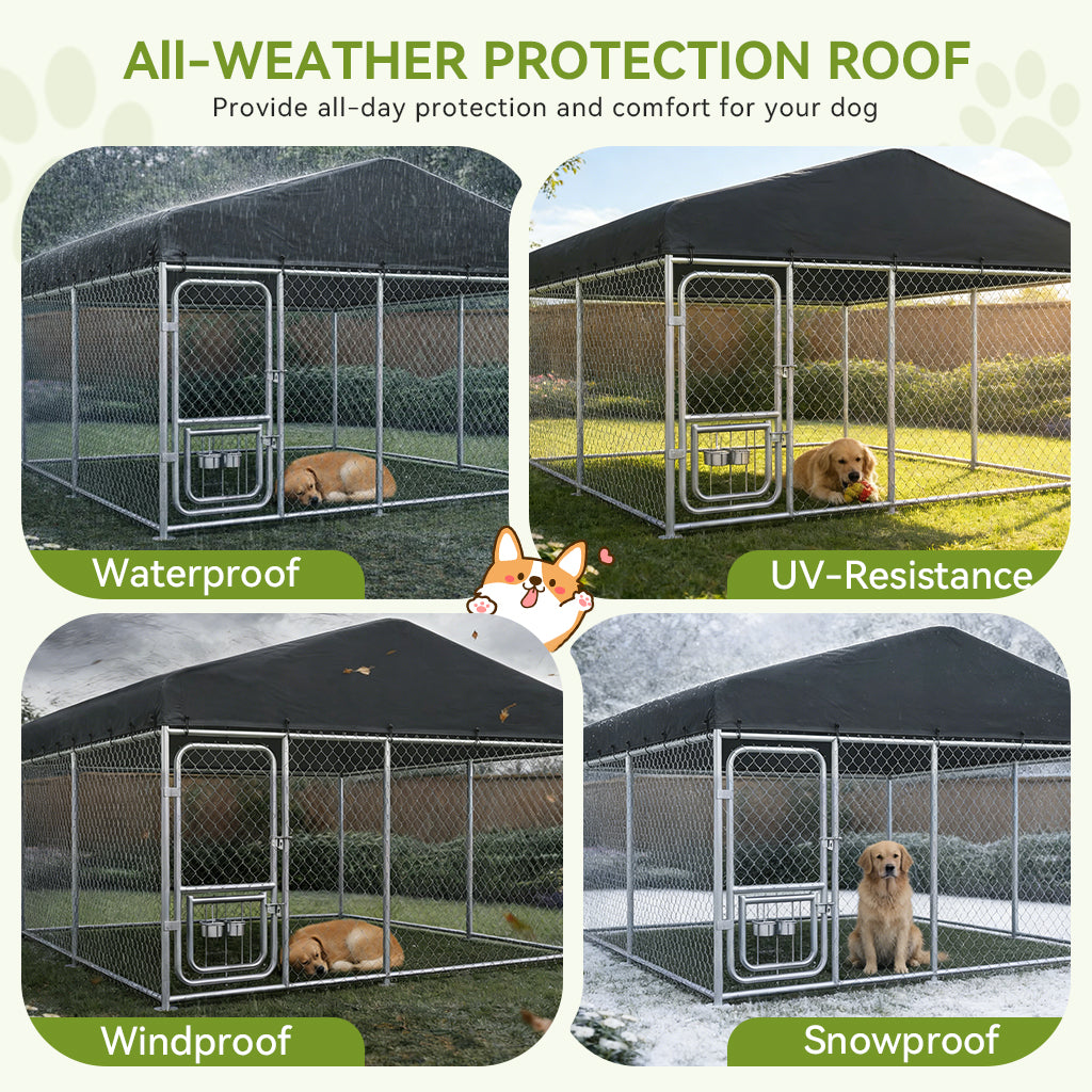 All-weather protection roof for outdoor dog kennel providing waterproof, UV-resistance, windproof, and snowproof features with dogs resting inside fenced kennels in garden settings.