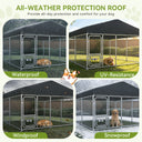 All-weather protection roof for outdoor dog kennel providing waterproof, UV-resistance, windproof, and snowproof features with dogs resting inside fenced kennels in garden settings.