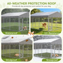 Outdoor dog kennel with all-weather protection roof showing waterproof, UV-resistance, windproof, and snowproof features for pet comfort in garden and outdoor settings.