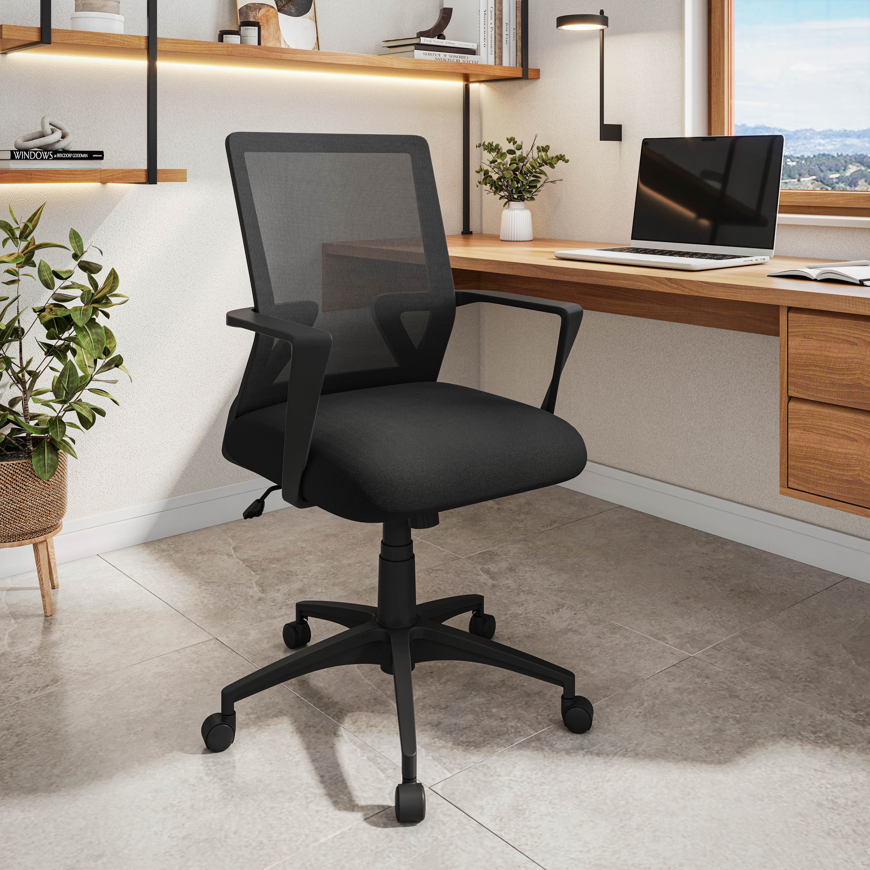 Techni Mobili Ergonomic Mesh Office Chair with Adjustable Height & Tilt – Economical Desk Chair with Lumbar Support, Swivel Base & Armrests – Breathable Black Task Chair for Home Office or Study