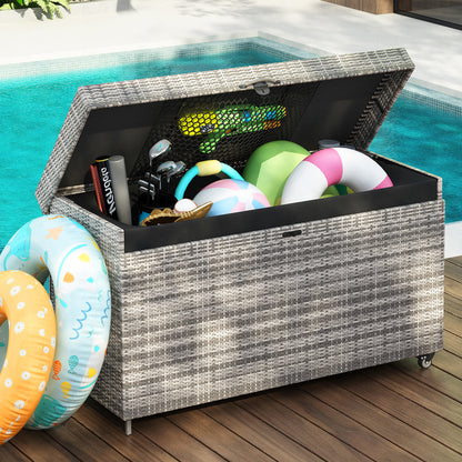 K&K 200 Gallon Wicker Deck Box with Wheels, All-Weather Outdoor Storage Box, Rattan Storage Bin for Patio Furniture, Outdoor Cushions, Pool Storage and Garden Tools - Grey