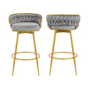 Modern Swivel Counter Height Bar Stools Set of 2 with Hand-Woven Backrest, Gold Metal Legs, Upholstered Kitchen Chairs, Grey