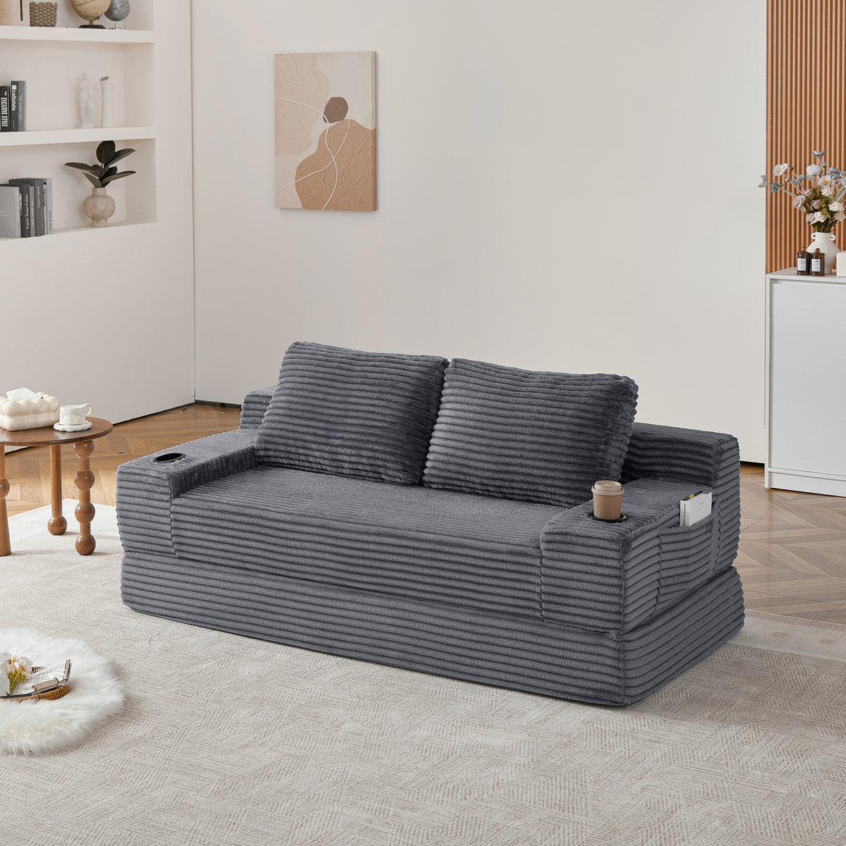 70.8-inch corduroy two-in-one sofa bed, featuring a lounge chair with two throw pillows, built-in cup holders in the armrests, and side storage pockets-ideal for living rooms, bedrooms, and relaxation