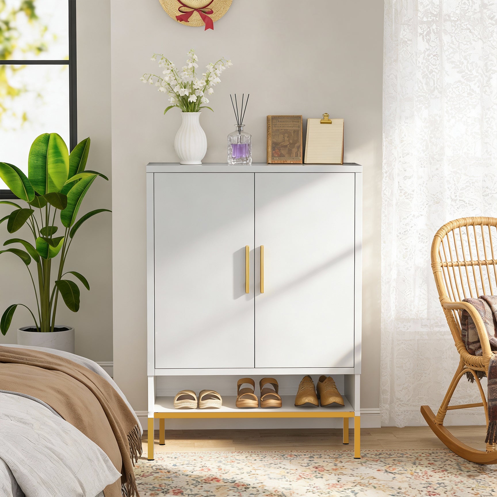 40'' Tall  2-Doors Shoes Cabinet, Metal 7-Tier Hidden Shoe Organizer,Modern Narrow Shoe Storage Cabinet with  Adjustable Shelves for Entryway, Hallway, Closet, Bedroom, Living Room,Laundry Room(White)