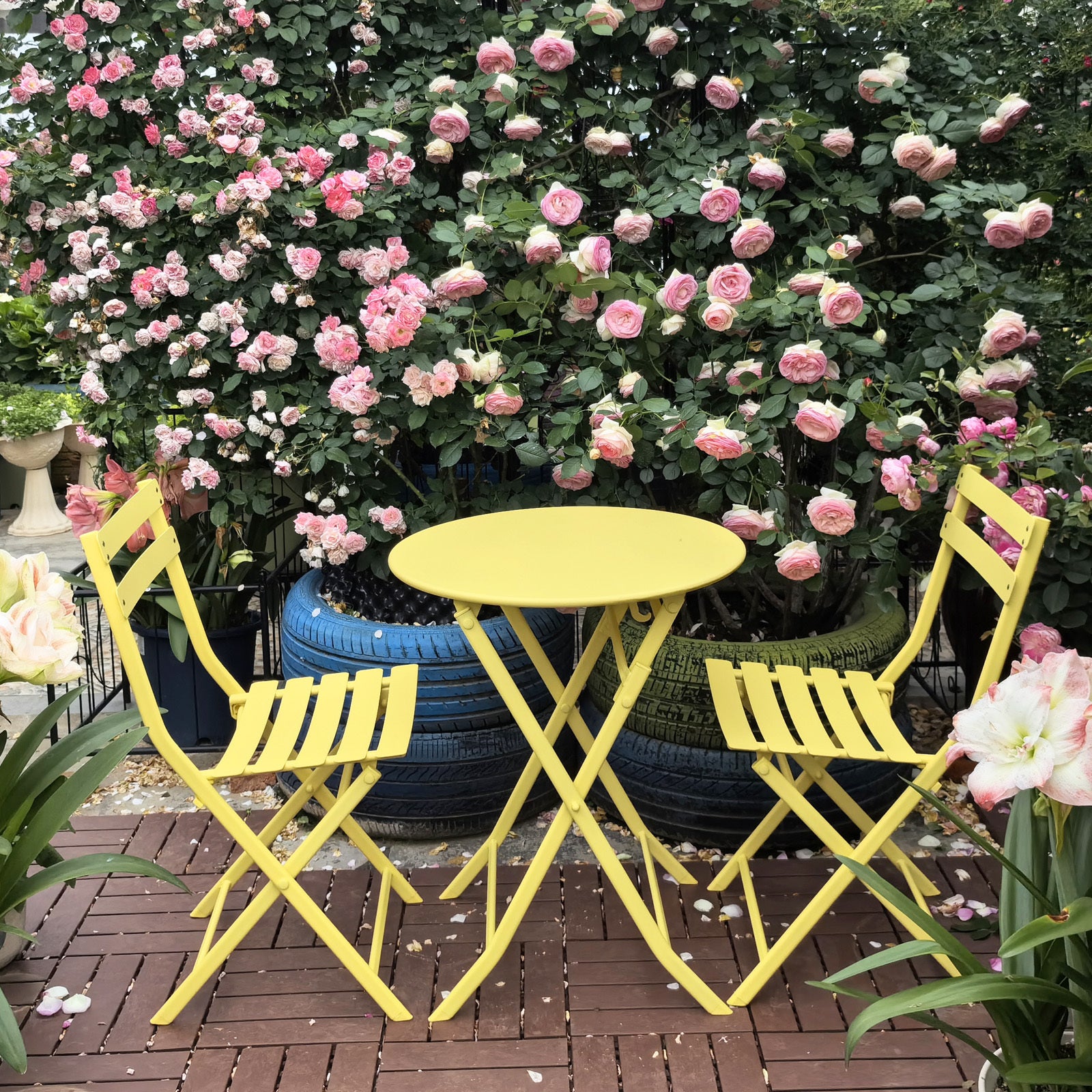 3 Piece Patio Bistro Set of Foldable Round Table and Chairs, Yellow