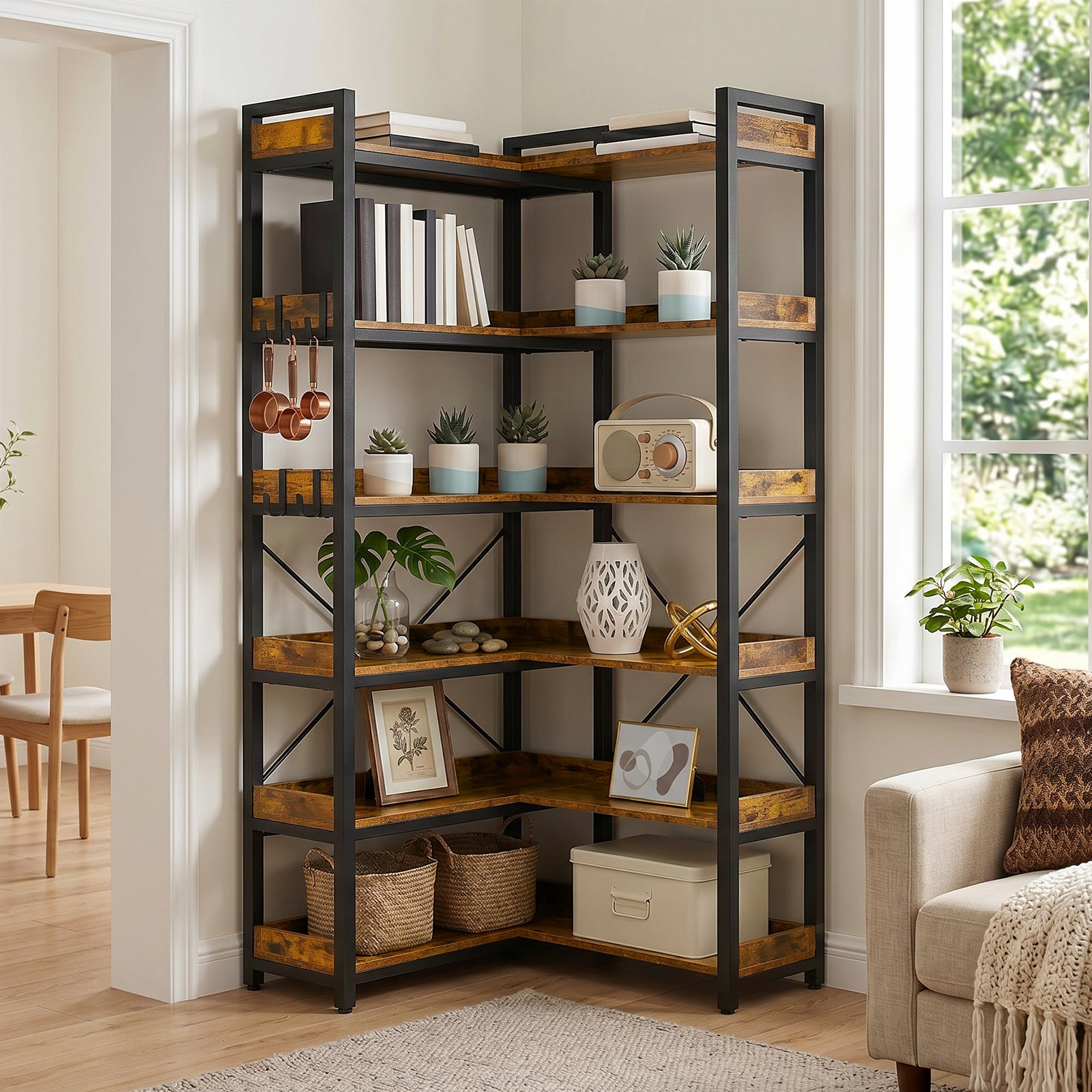 COMHOMA 5-Tier/6-Tier Corner Bookshelf, L-Shaped Metal Frame Shelf with Tall 14" Shelves HBOK1