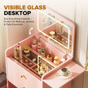 LUCKLIFE Small Makeup Vanity Desk with Mirror and Lights, Small 3 in 1 Vanity Table with Visible Glass Top, Flip Top & 3 Drawers B500