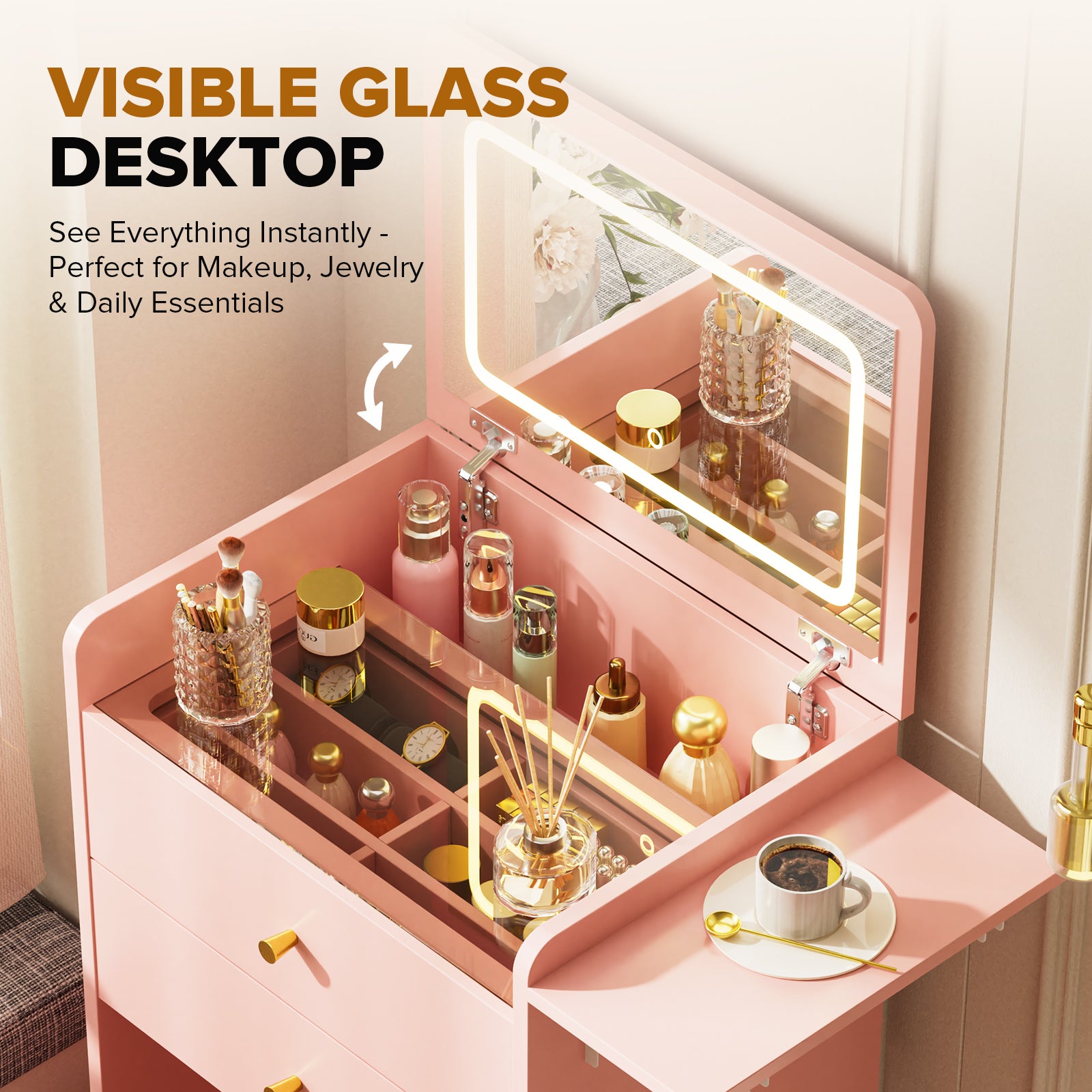 LUCKLIFE Small Makeup Vanity Desk with Mirror and Lights, Small 3 in 1 Vanity Table with Visible Glass Top, Flip Top & 3 Drawers B500
