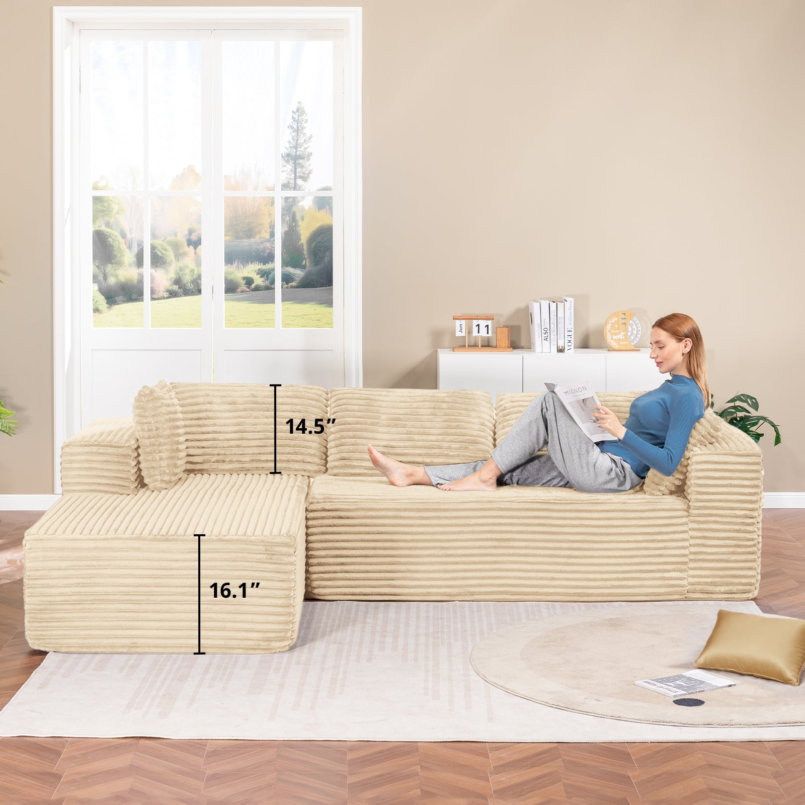 COMHOMA Modular Sectional Couch with L/R-Shape Chaise, Corduroy Upholstery & No Assembly Required B10