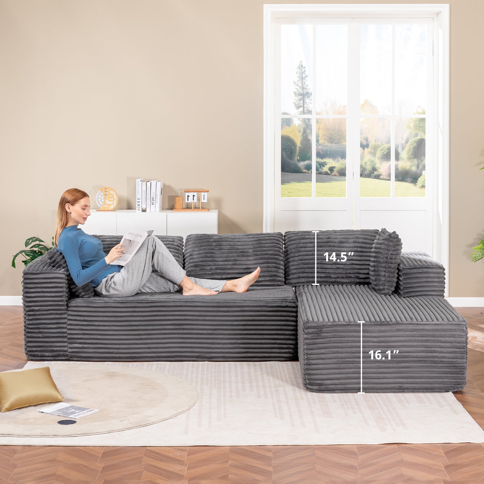 COMHOMA Modular Sectional Couch with L/R-Shape Chaise, Corduroy Upholstery & No Assembly Required B10