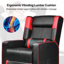 Black and red ergonomic reclining chair with removable vibrating lumbar cushion for massage, featuring highlighted lumbar support and a graphic of lower spine pain relief, suitable for office and game use.