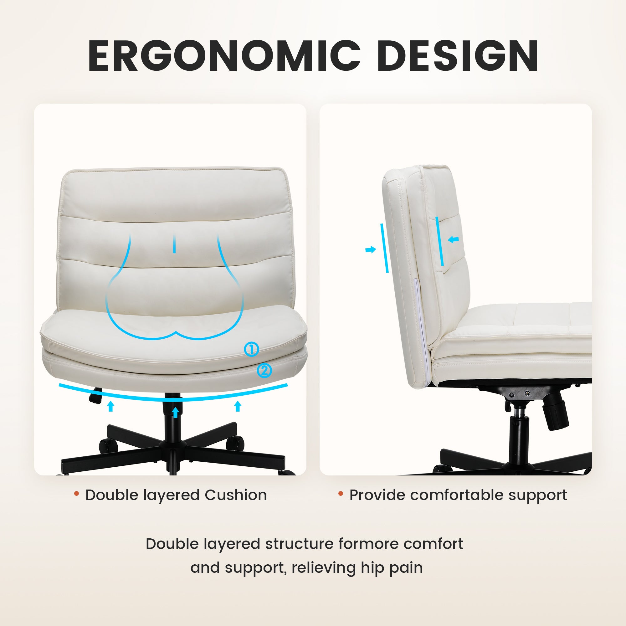 Front and side view of an ergonomic office chair with double layered cushion designed to provide comfortable support and relieve hip pain, part of office furniture collections.