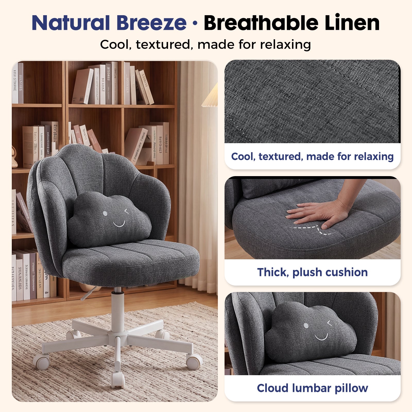 Ergonomic office chair with breathable linen fabric, thick plush cushion, and cloud lumbar pillow designed for comfort, featured in New Arrivals and Low Back Office Chair collections.