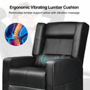 Black ergonomic recliner chair featuring a removable vibrating lumbar cushion with vibration massage for lumbar support, suitable for office and game use.
