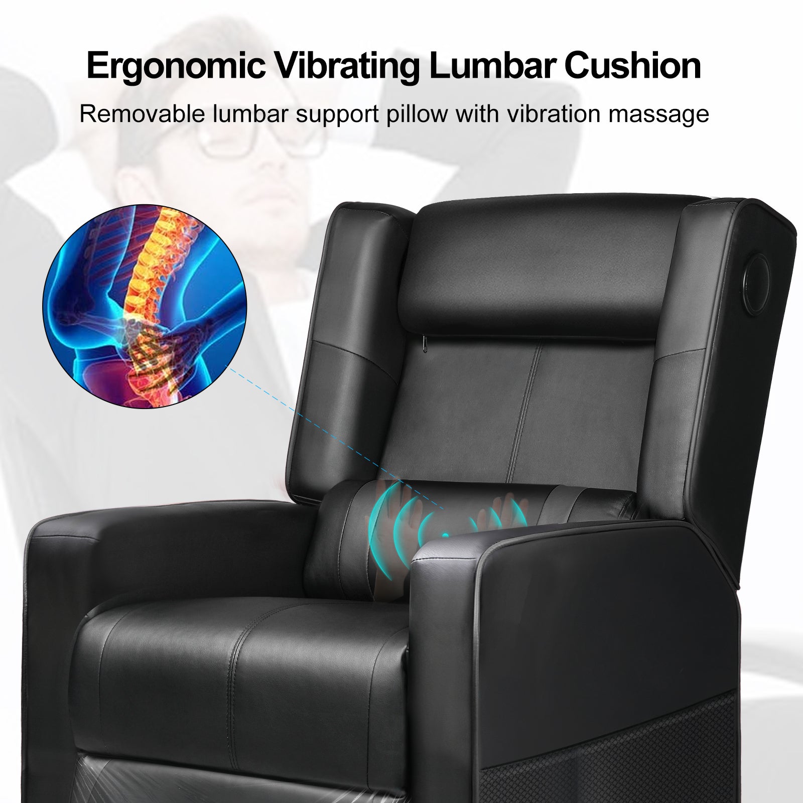 Black ergonomic recliner chair featuring a removable vibrating lumbar cushion with vibration massage for lumbar support, suitable for office and game use.