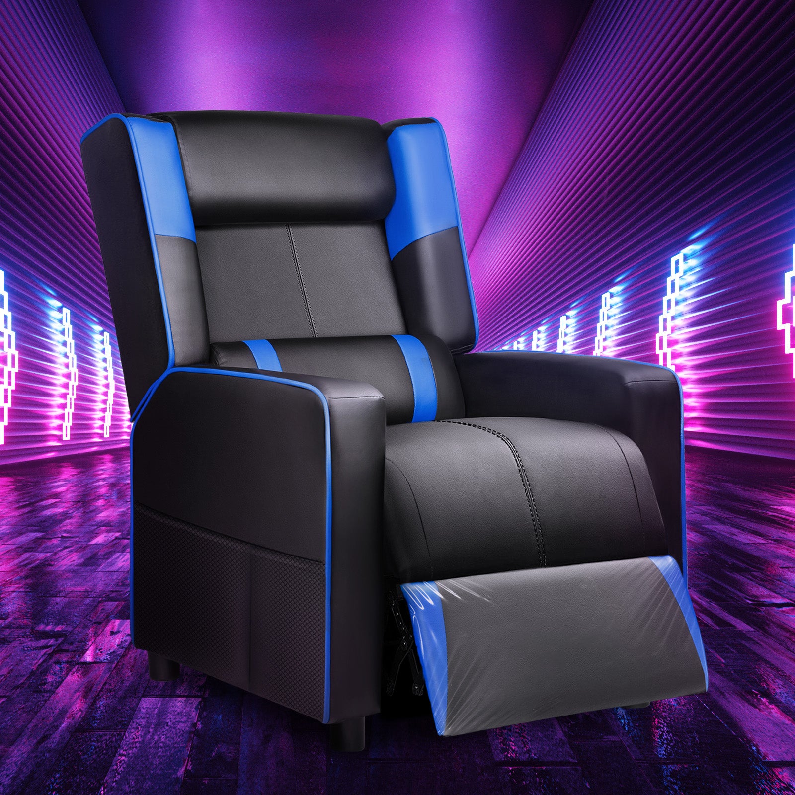 Black and blue ergonomic recliner chair with plush cushioning and extended footrest, showcased in a vibrant purple neon-lit room, ideal for office and game settings.