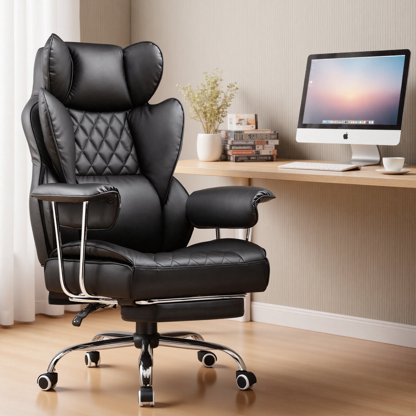 Black chair in a home office setting