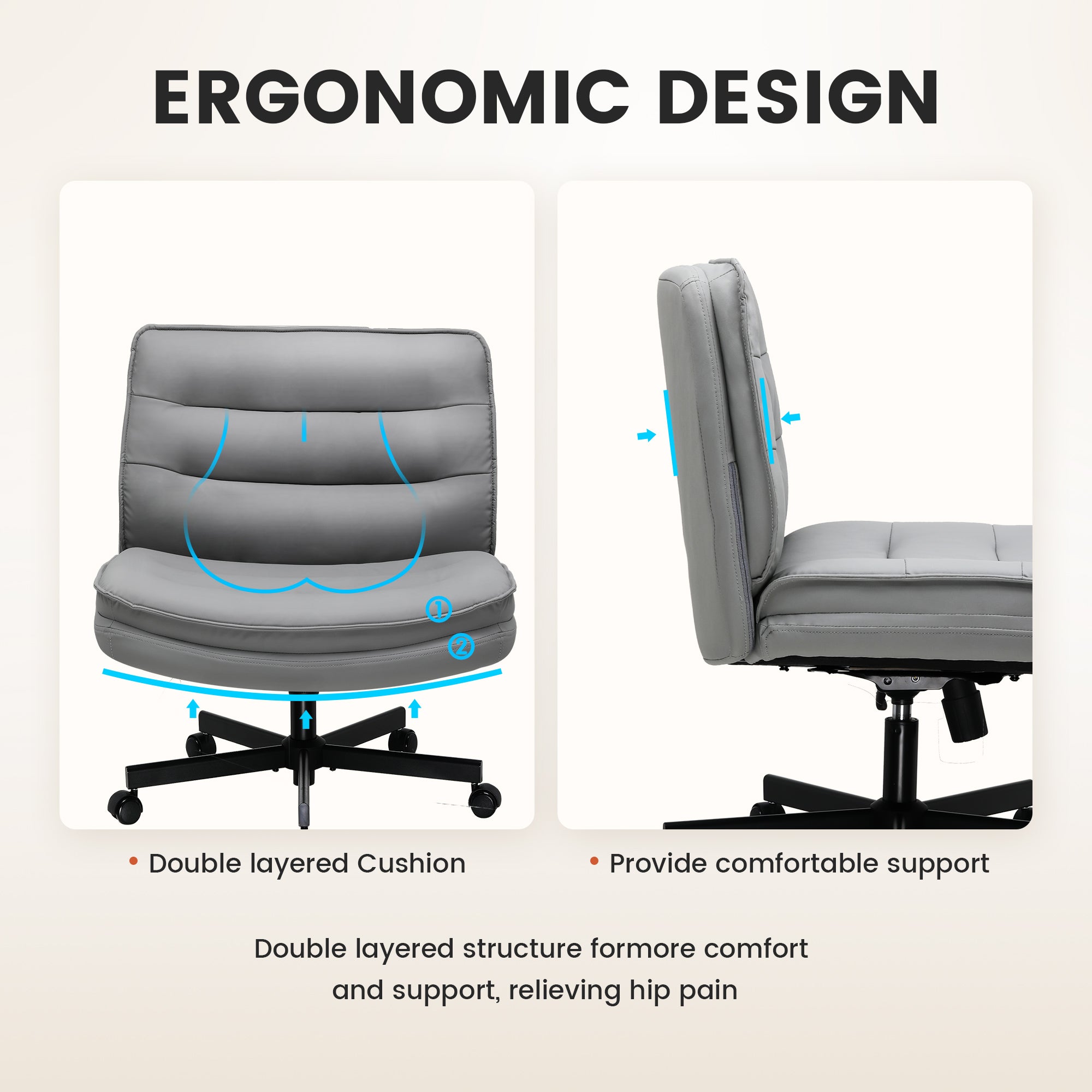 Ergonomic office chair with double layered cushion and adjustable backrest providing comfortable support to relieve hip pain, suitable for office and game use.