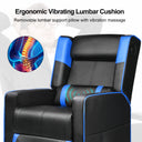 Black and blue ergonomic recliner chair with a removable vibrating lumbar cushion shown with a graphic highlighting lumbar support and vibration massage features, suitable for office and game use.