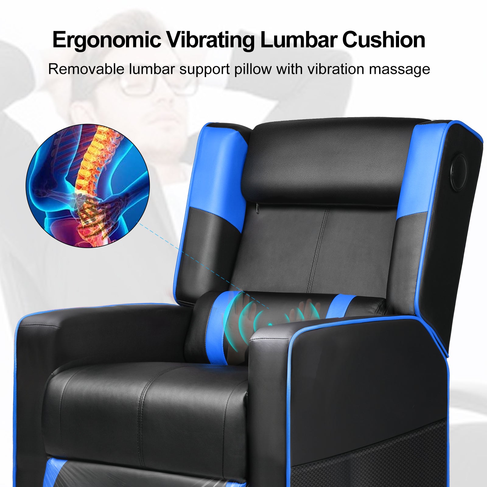 Black and blue ergonomic recliner chair with a removable vibrating lumbar cushion shown with a graphic highlighting lumbar support and vibration massage features, suitable for office and game use.