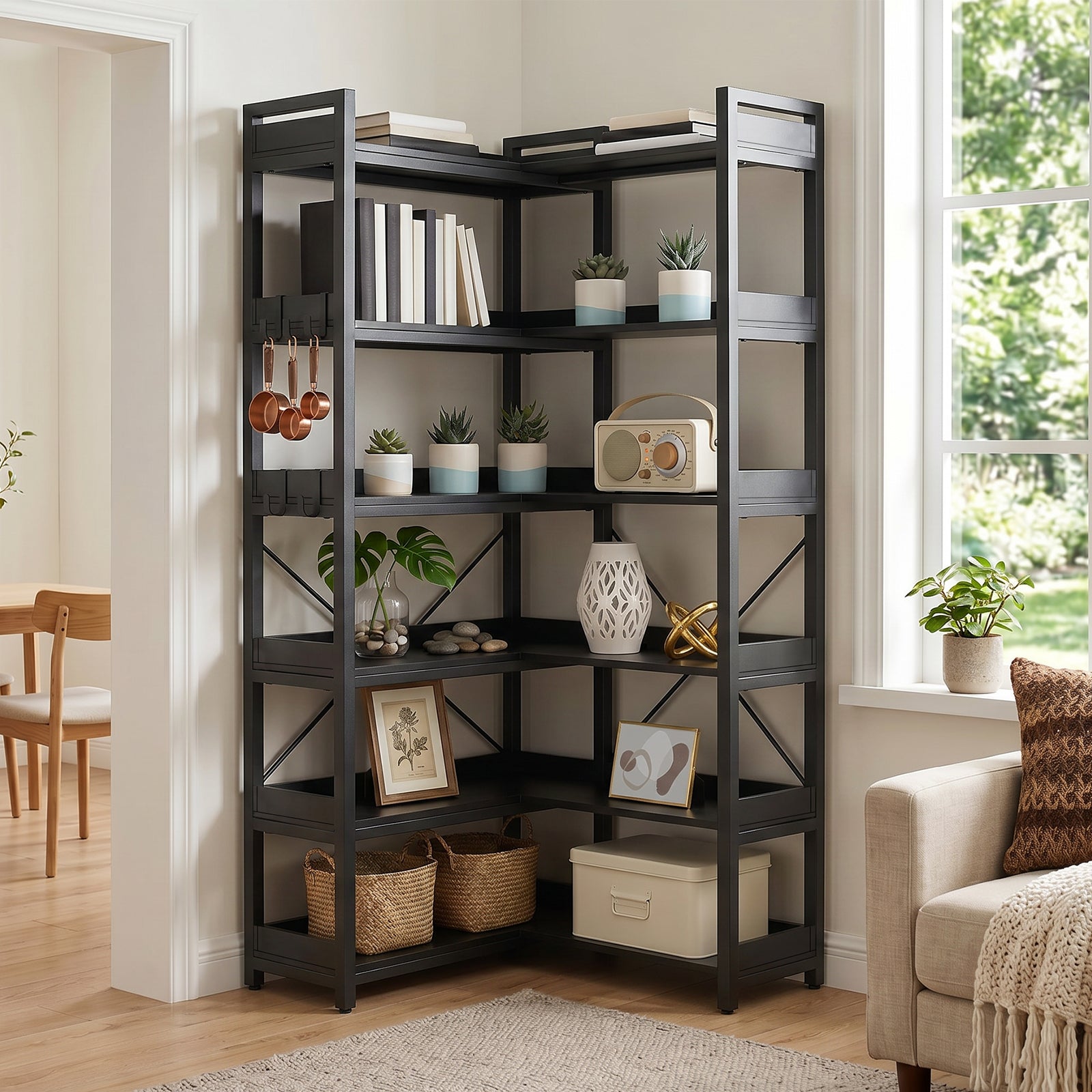 COMHOMA 5-Tier/6-Tier Corner Bookshelf, L-Shaped Metal Frame Shelf with Tall 14" Shelves HBOK1