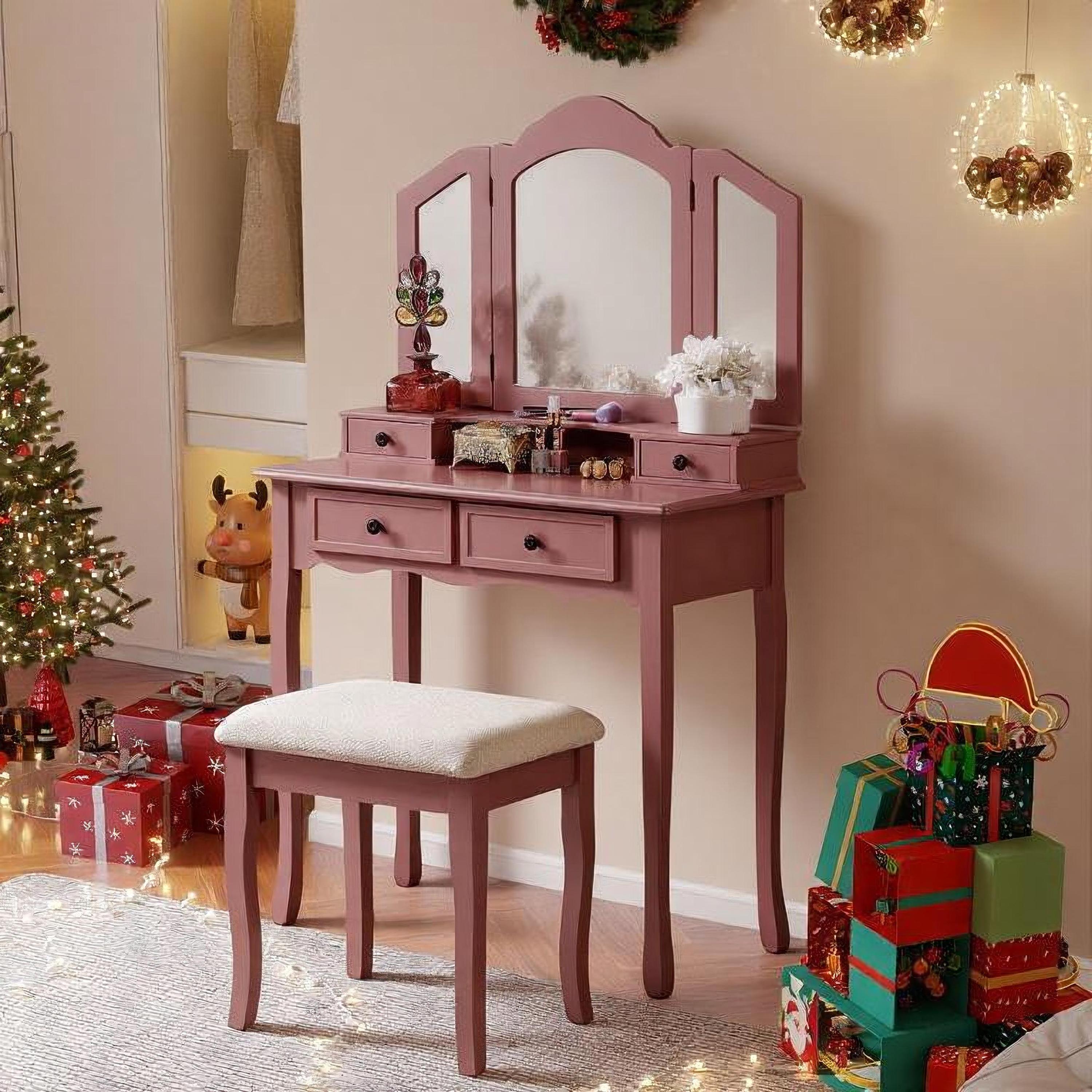 Sanlo Wooden Vanity Make Up Table and Stool Set, Rose Gold